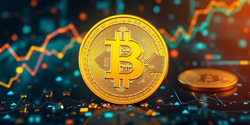Bitcoin coin with dynamic blockchain patterns in background.