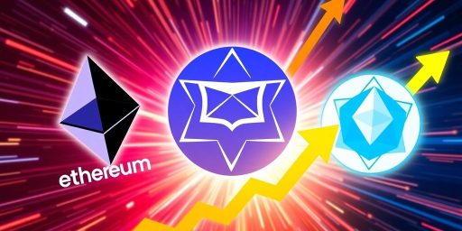 ETH, ADA, and DOGE logos with dynamic upward movement.