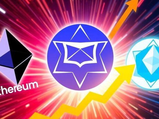 ETH, ADA, and DOGE logos with dynamic upward movement.