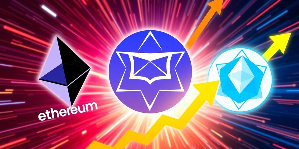 ETH, ADA, and DOGE logos with dynamic upward movement.