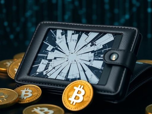 Broken digital wallet with cryptocurrency symbols around it.