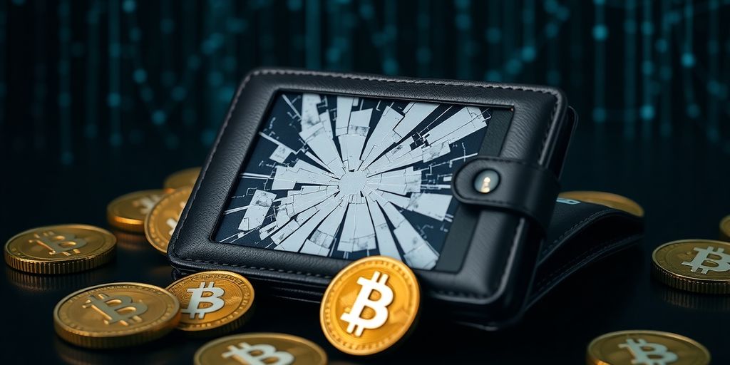 Broken digital wallet with cryptocurrency symbols around it.