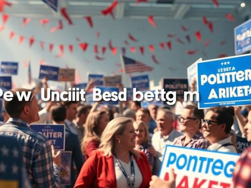 Voters engaging in a lively political campaign setting.