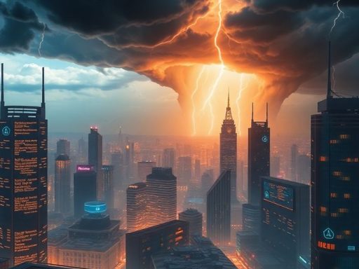 Futuristic cityscape depicting blockchain technology and security concerns.