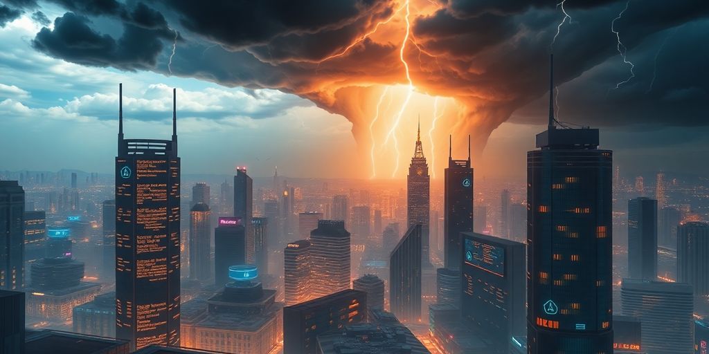 Futuristic cityscape depicting blockchain technology and security concerns.