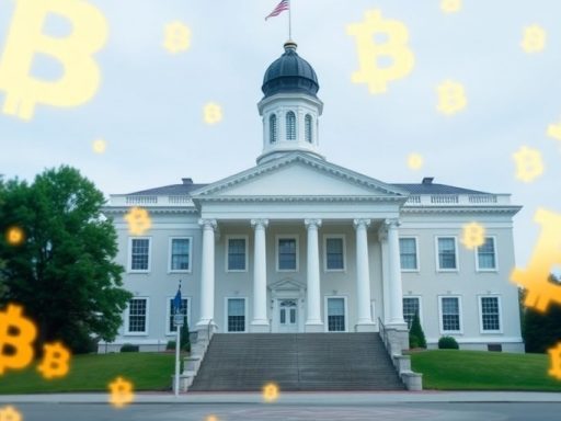 New Hampshire State House with cryptocurrency symbols overlay.