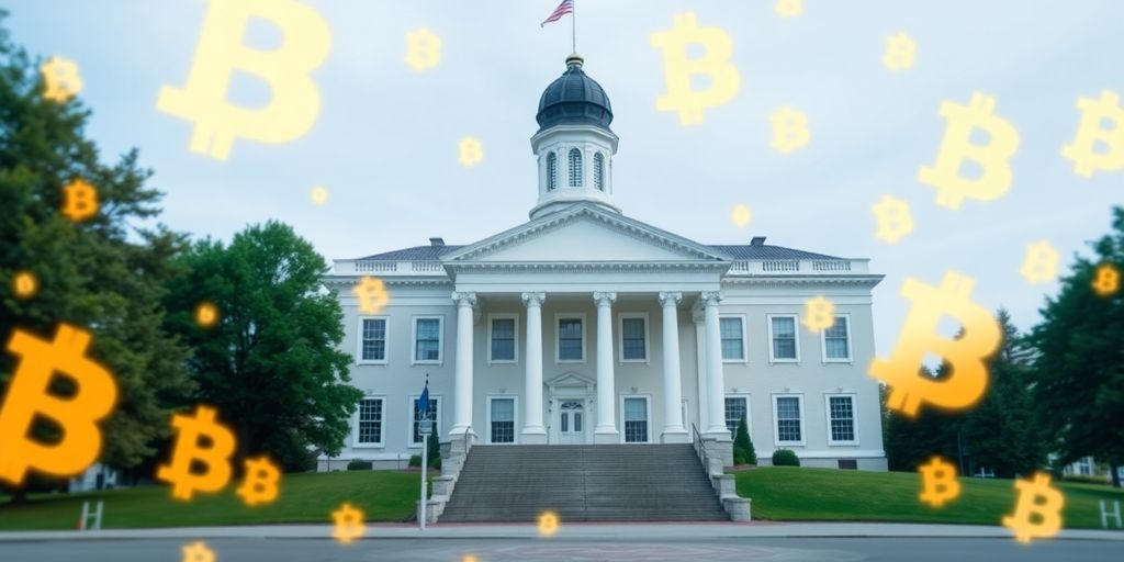 New Hampshire State House with cryptocurrency symbols overlay.