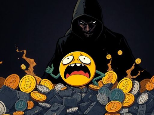 Distressed memecoin character amid crumbling altcoins and dark background.