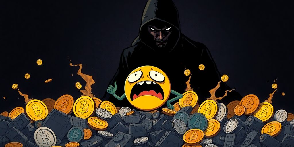 Distressed memecoin character amid crumbling altcoins and dark background.