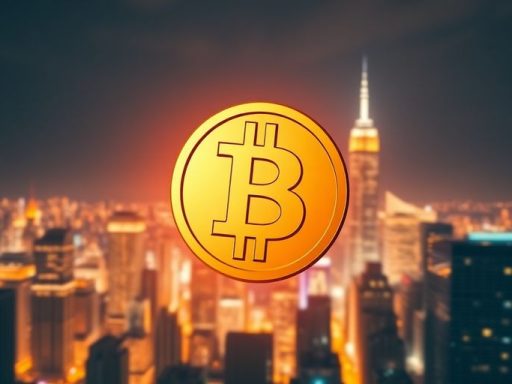 Golden Bitcoin coin above a lively city skyline at night.