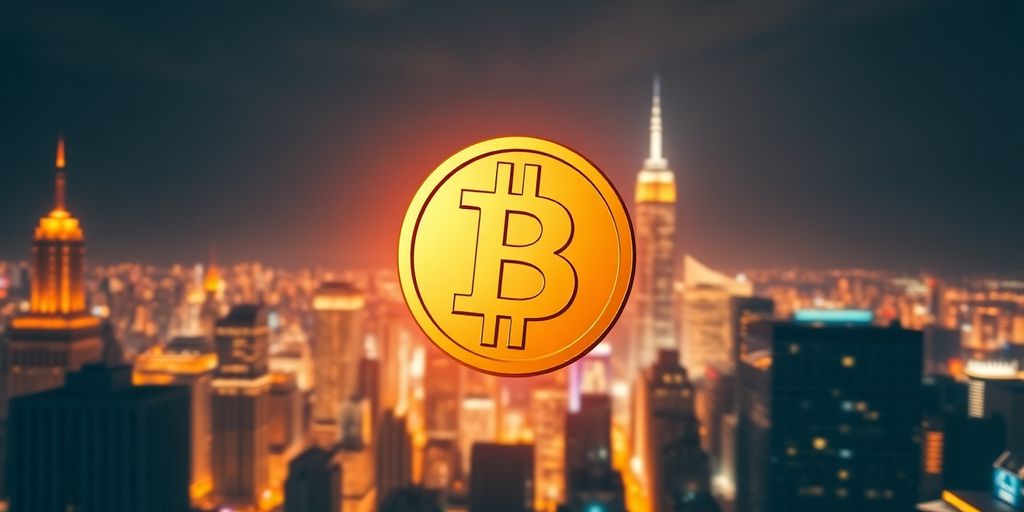 Golden Bitcoin coin above a lively city skyline at night.