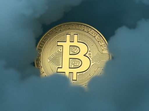 Digital coin under dark clouds representing market uncertainty.