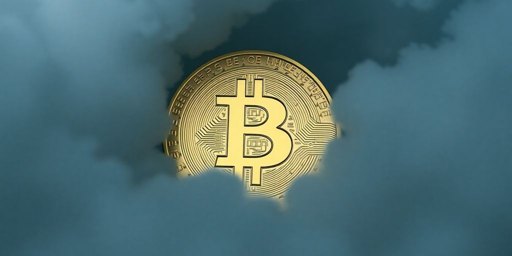 Digital coin under dark clouds representing market uncertainty.