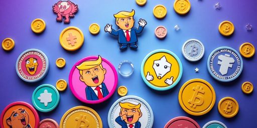 Colorful memecoin mascots representing Trump's influence on altcoins.