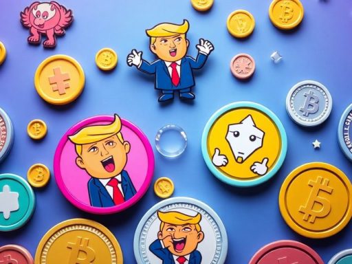 Colorful memecoin mascots representing Trump's influence on altcoins.