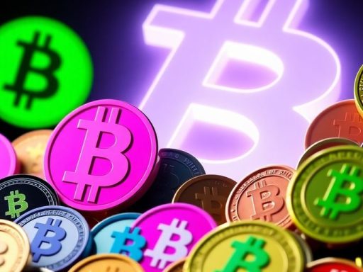 Colorful meme coins with a glowing Bitcoin symbol.