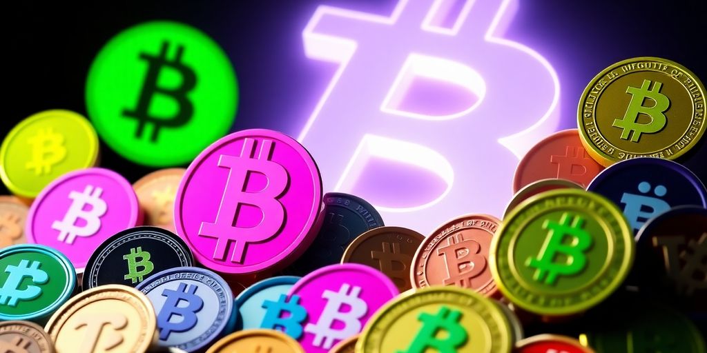 Colorful meme coins with a glowing Bitcoin symbol.