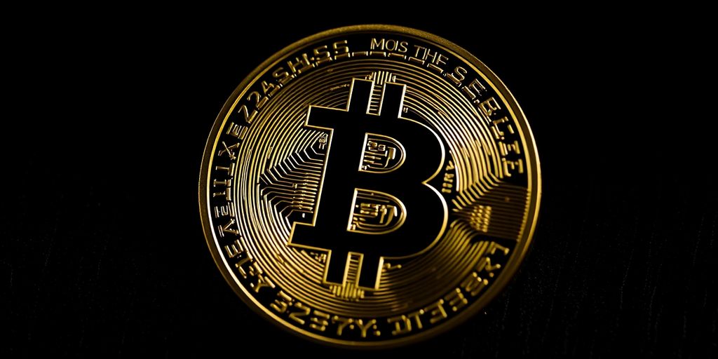 Close-up of a Bitcoin coin on a dark background.