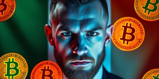 Conor McGregor with Bitcoin symbols and Irish flag background.