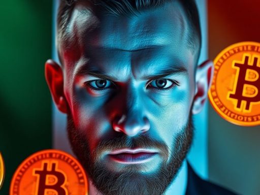 Conor McGregor with Bitcoin symbols and Irish flag background.