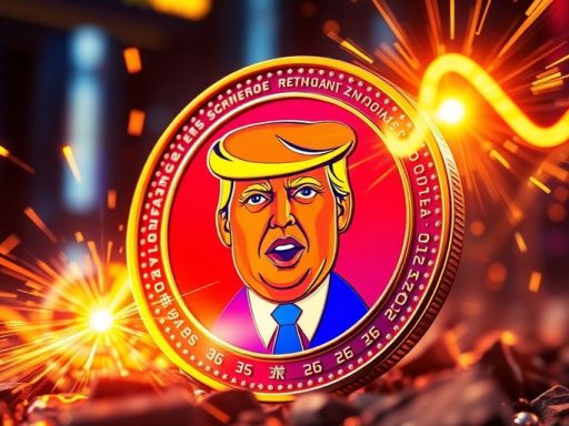 Colorful digital coin inspired by Trump and cryptocurrency.