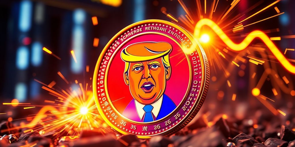 Colorful digital coin inspired by Trump and cryptocurrency.