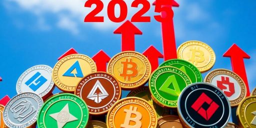 Colorful altcoins with arrows in a blue sky background.