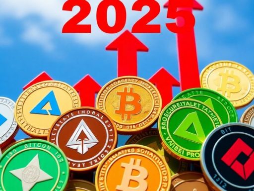 Colorful altcoins with arrows in a blue sky background.