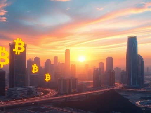 Digital city skyline with Bitcoin symbols at sunset.