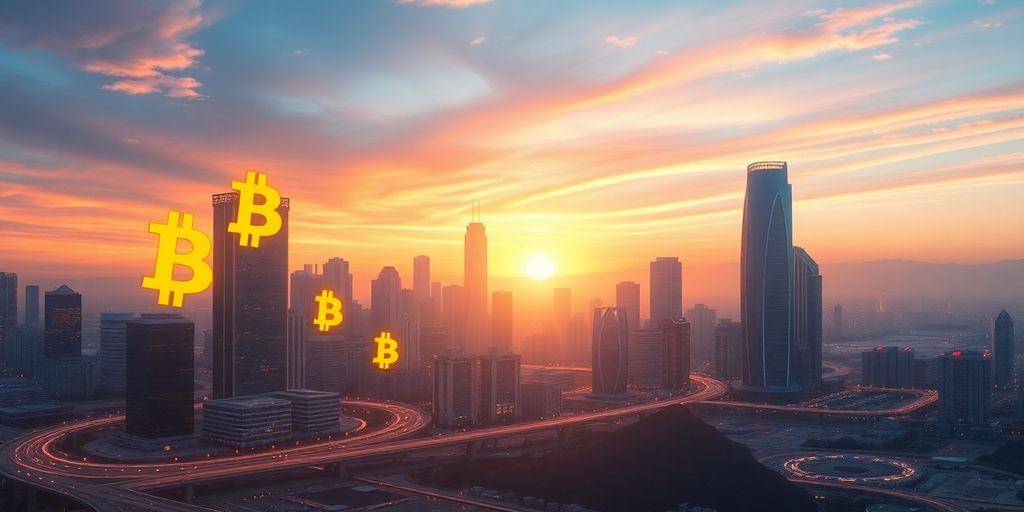 Digital city skyline with Bitcoin symbols at sunset.