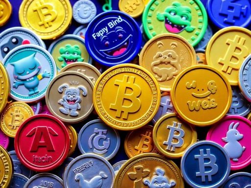 Colorful meme coins with playful characters in a dynamic scene.
