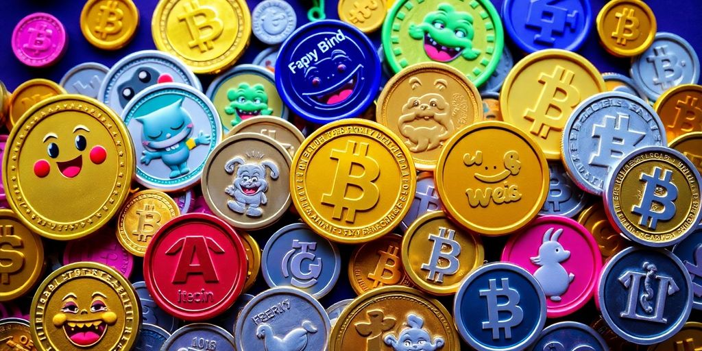 Colorful meme coins with playful characters in a dynamic scene.