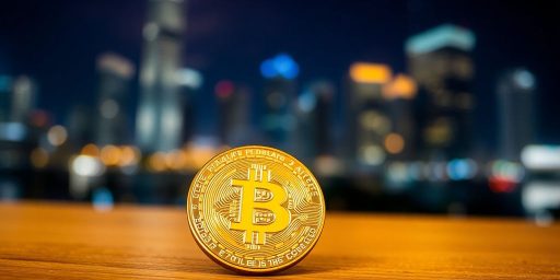 Golden Bitcoin coin on a wooden table with city lights.