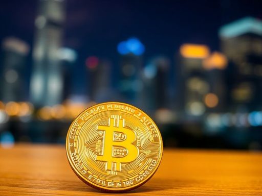 Golden Bitcoin coin on a wooden table with city lights.