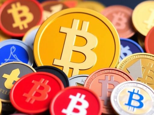 Colorful altcoins with Bitcoin logo in the background.