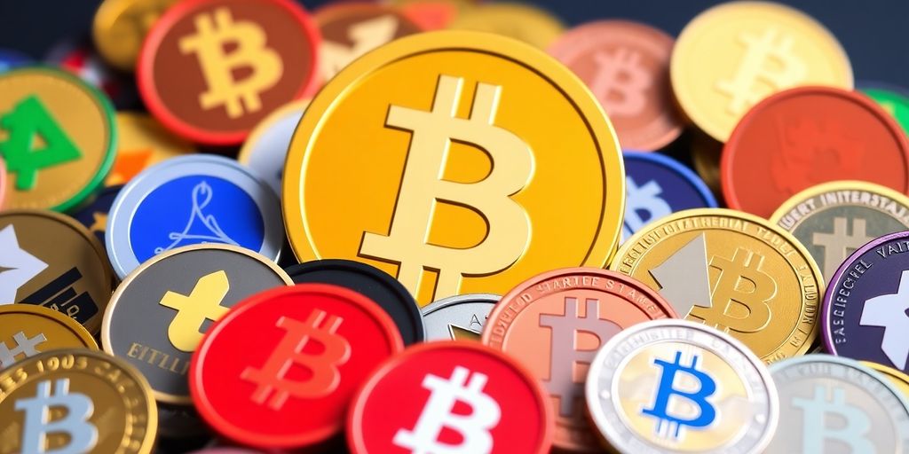 Colorful altcoins with Bitcoin logo in the background.