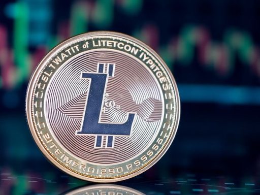 Close-up of a Litecoin coin on a digital backdrop.