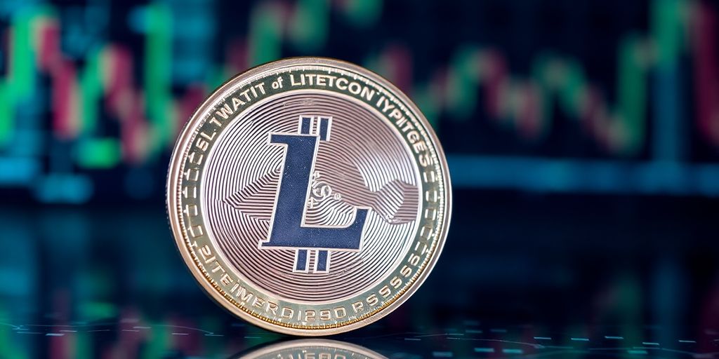 Close-up of a Litecoin coin on a digital backdrop.