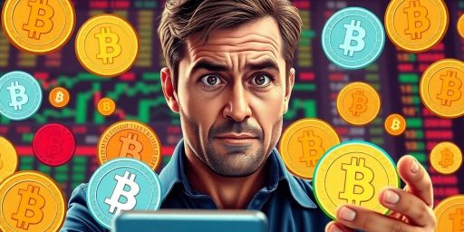 Trader with memecoins in a vibrant crypto market.