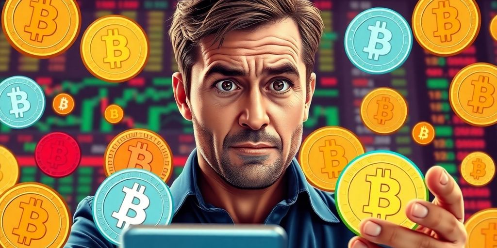 Trader with memecoins in a vibrant crypto market.