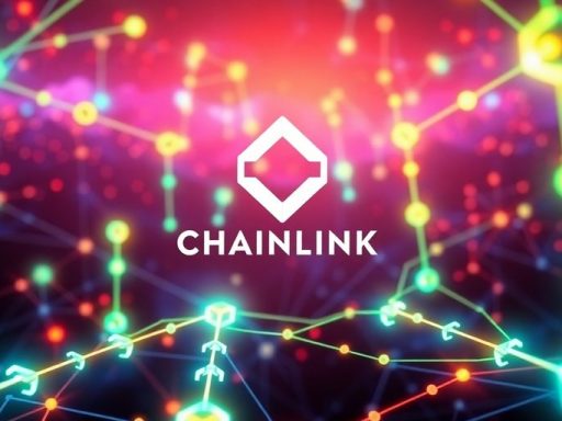 Colorful blockchain nodes with Chainlink logo and rewards theme.