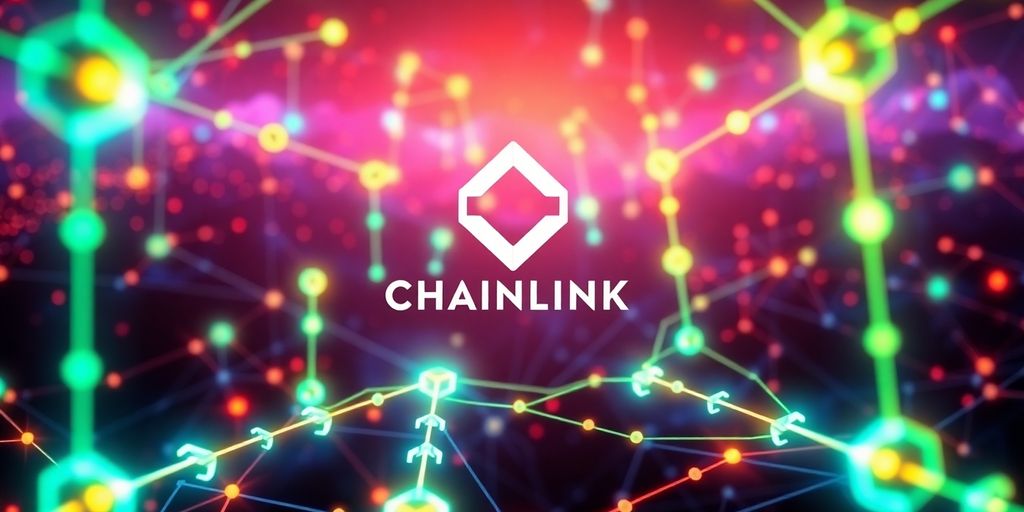 Colorful blockchain nodes with Chainlink logo and rewards theme.