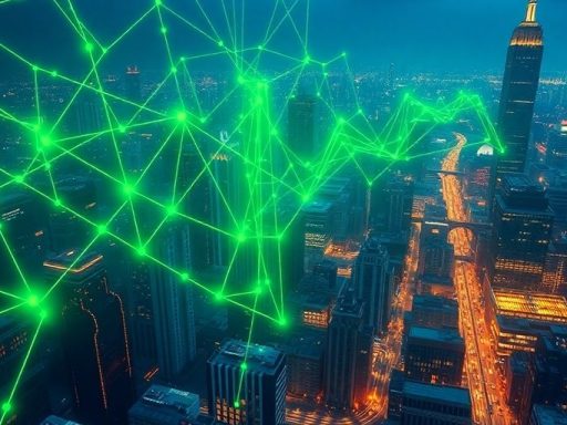 Futuristic city with green lines symbolizing Bitcoin mining efficiency.