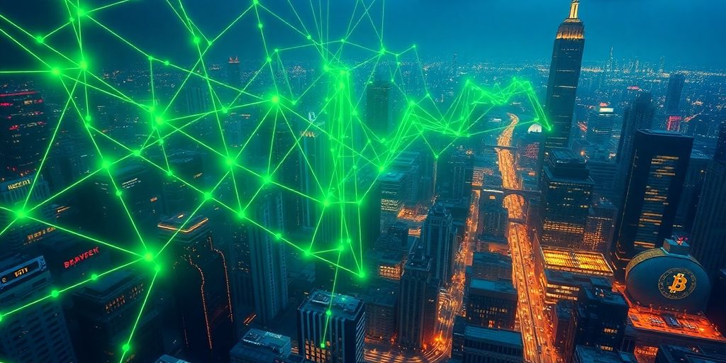 Futuristic city with green lines symbolizing Bitcoin mining efficiency.