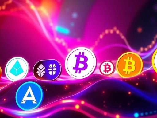 Colorful altcoin logos against a dynamic, glowing background.