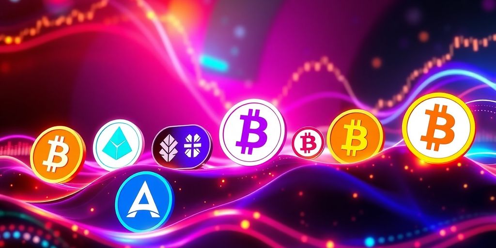 Colorful altcoin logos against a dynamic, glowing background.