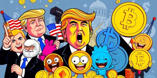 Colorful memecoins and Trump-themed characters in a lively collage.