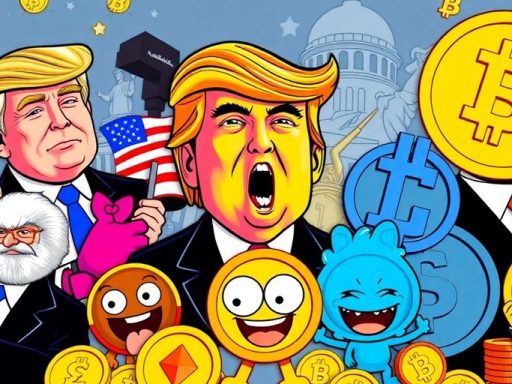 Colorful memecoins and Trump-themed characters in a lively collage.