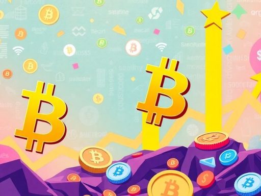 Bright altcoins and Bitcoin logos rise together in motion.