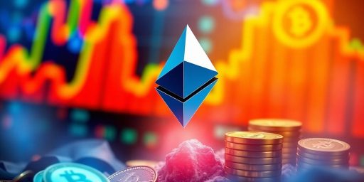 Ethereum logo rising amidst colorful digital coins.